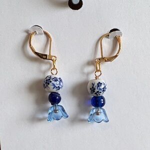 Hand Crafted Blue Floral Porcelain & Glass Dangle Earrings - Gold